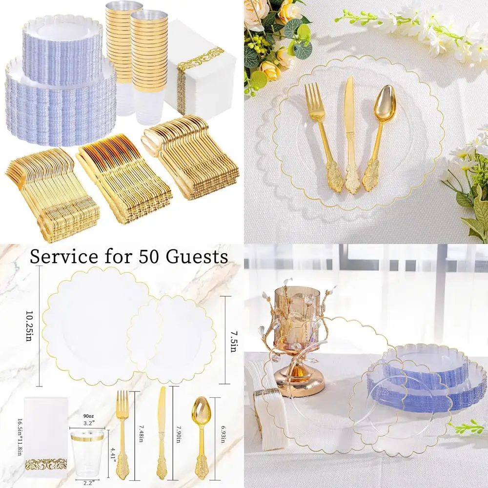 

Набор золотой и прозрачной пластиковой посуды — 350 шт. одноразовых тарелок для ужина и десерта
