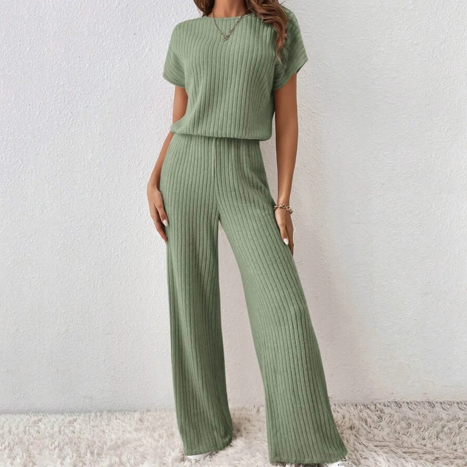 Women\'S Solid Pant Sets 2024 New Casual Fashion Short Sleeves T-Shirt Straight Loose Wide Leg Pant Pit Strips Two-Piece Set