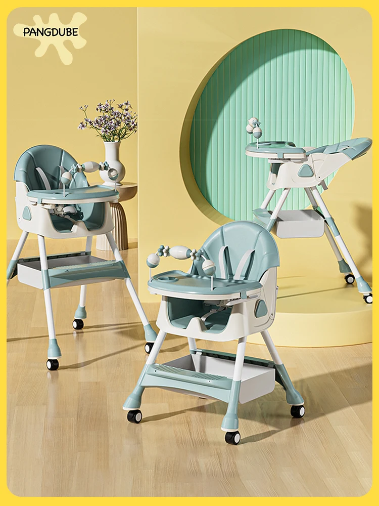 PANGDUBE 4-Wheels Baby High Chair with Tray Bib Bowl Spoon Adjustable Reclining Seat Kid Feeding Chair for 3M-3Y Dinner Chairs