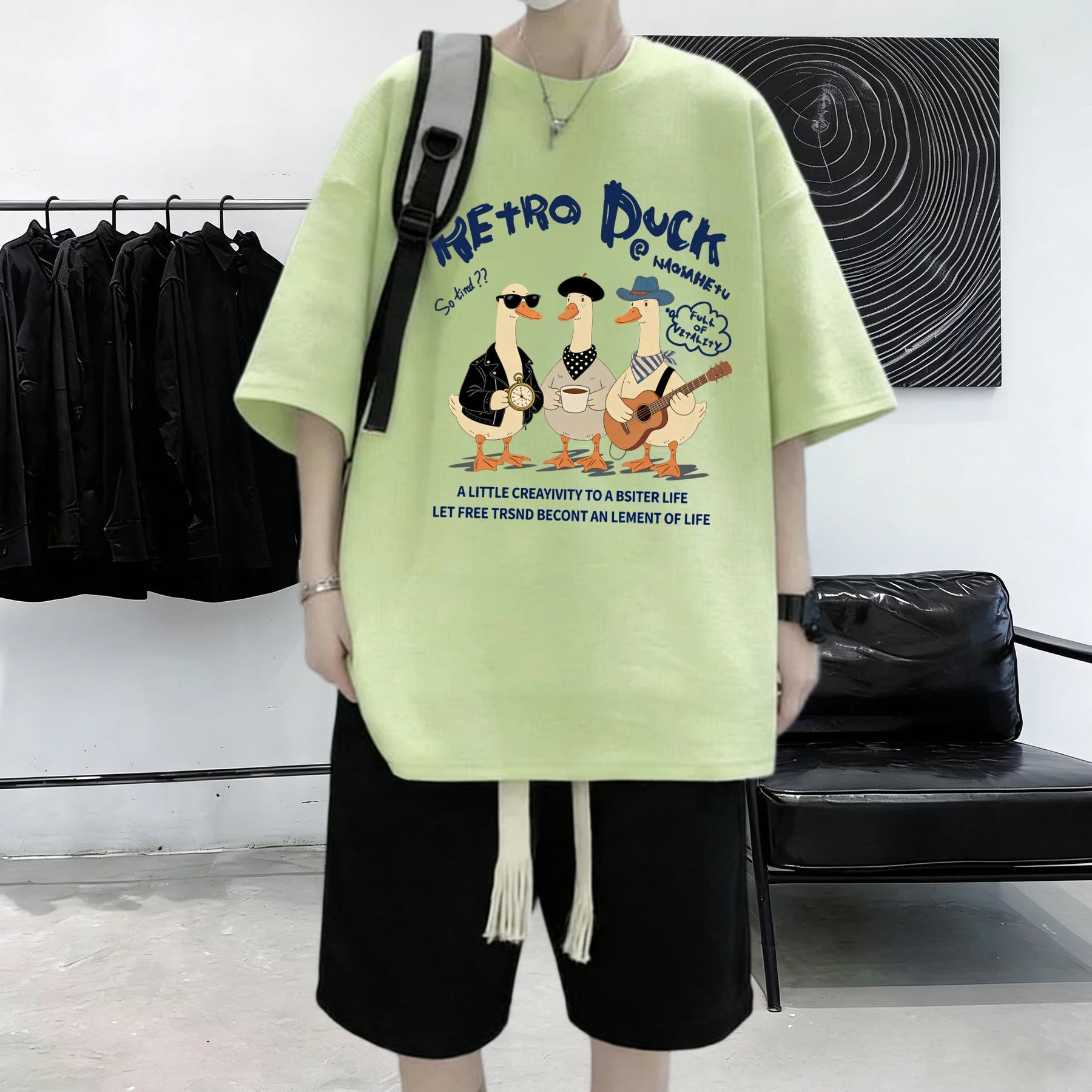 Retro Duck With Free Time Prints Summer 21 Colors T-Shirt Cotton Men Korean Soft Streetwear Commute Breathable Short Sleeve