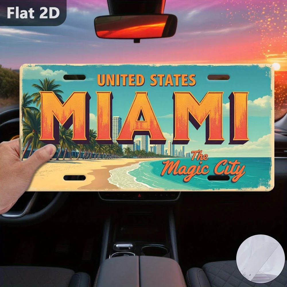 

2D плоская ретро-картина на алюминиевой жестяной пластинах с изображением "UNITED STATES MIAMI The Magic City" с пляжем и городским пейзажем, номерной знак