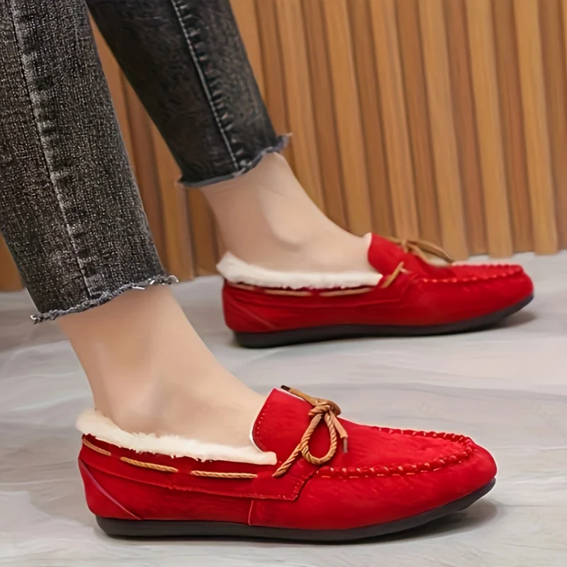 Women\'s solid color plush loafers, soft-soled flat-soled winter warm shoes, casual plush non-slip shoes