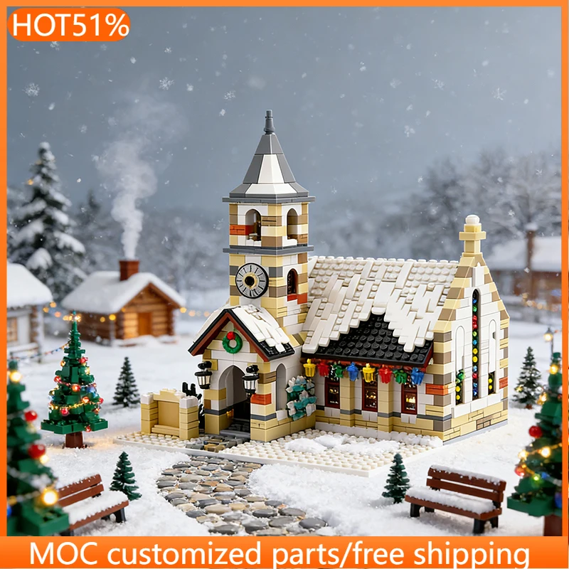 

1771 деталь: Зимняя деревня с собором, старинная каменная церковь, модульный конструктор MOC, развивающий конструктор, игрушка-подарок для праздников, сделай сам