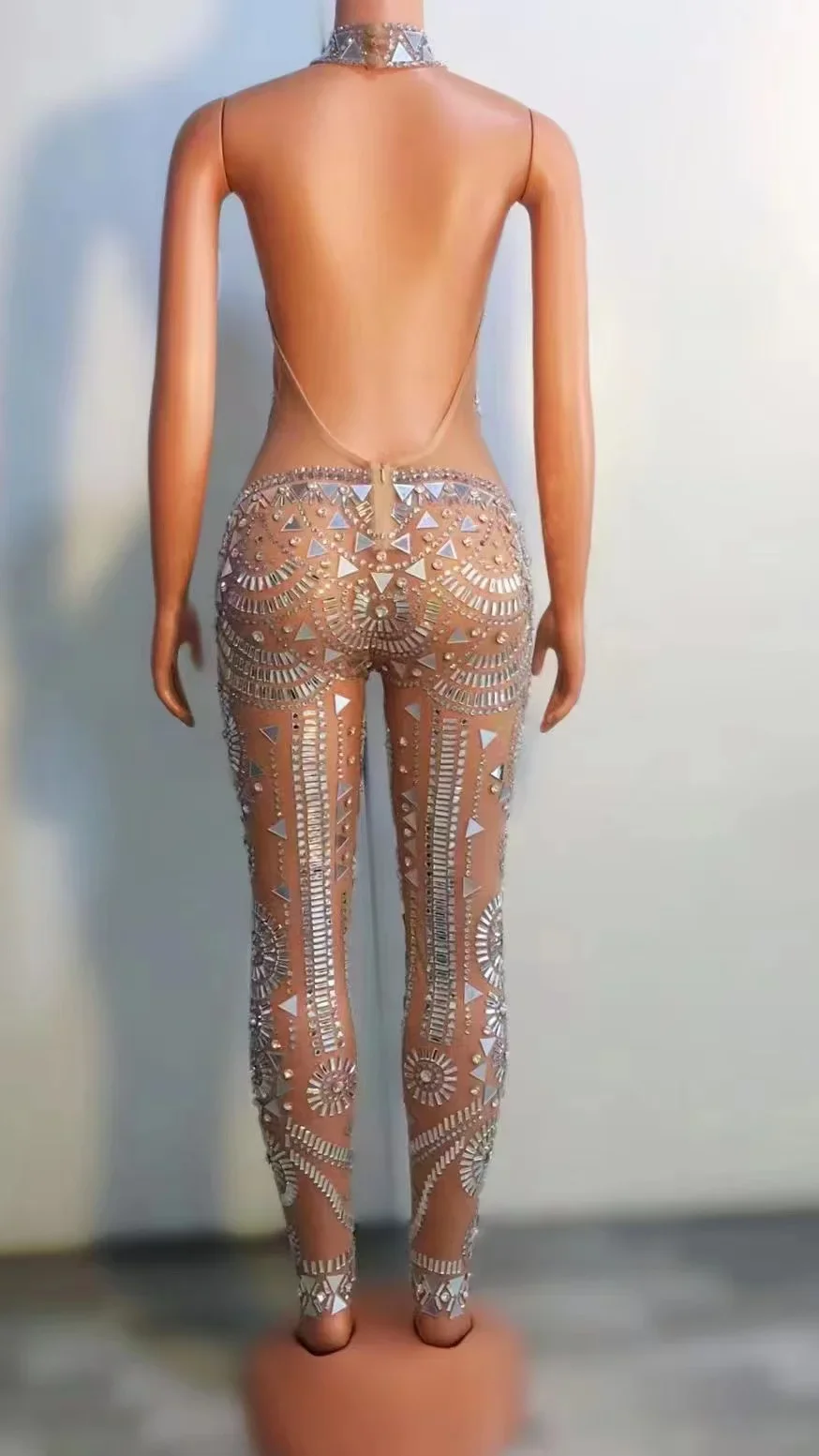 라인스톤 거울 메쉬 투명 점프수트 민소매 섹시 타이트 생일 파티 의상 댄서 쇼 롬퍼 무대 의상
