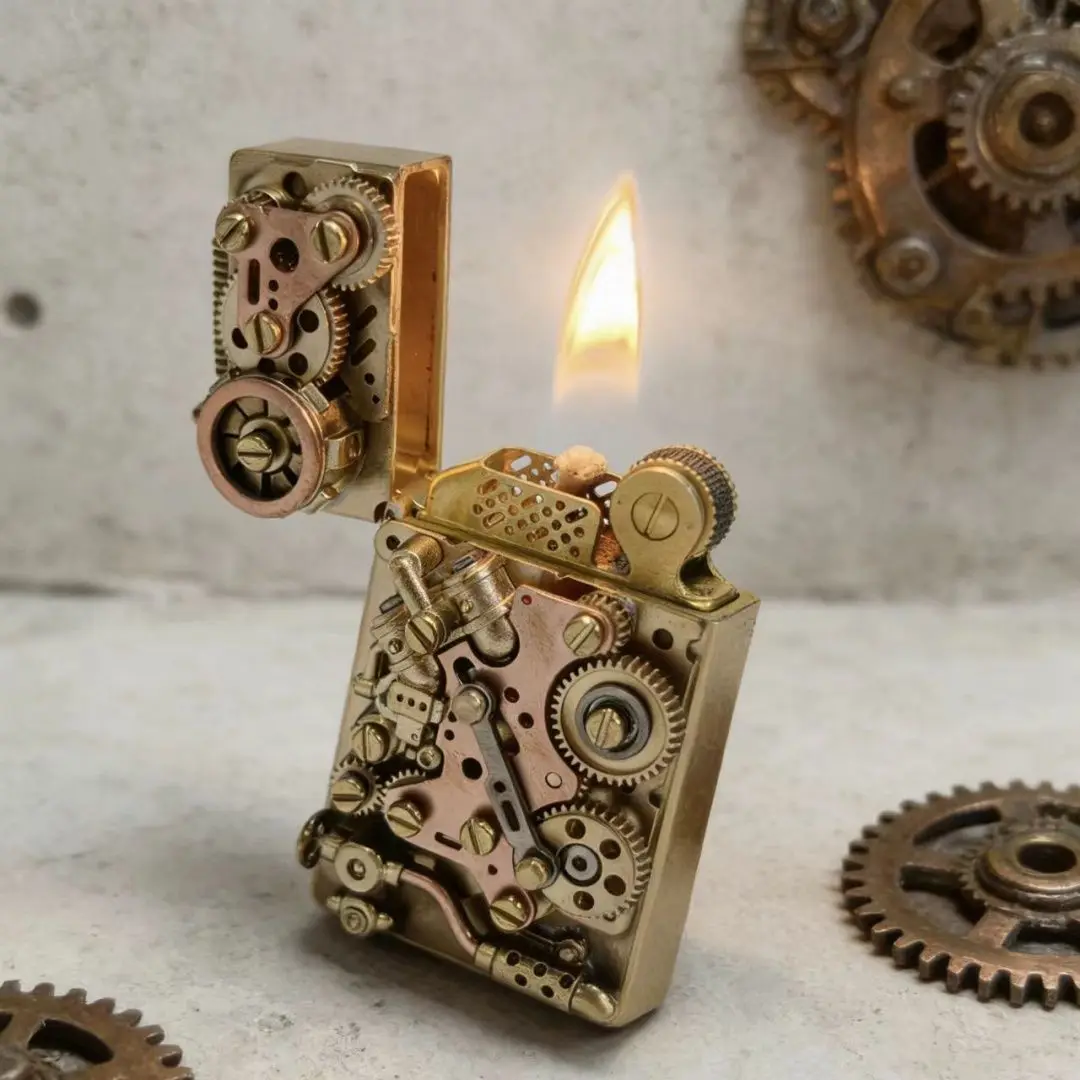 

Vintage Steampunk Mechanical Lighter Brass Kerosenes Lighter Gear Linked Windproof Collectible Gift for Men