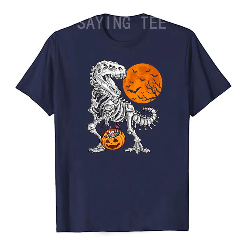 Halloween Boys Dinosaur Skeleton T Rex Scary Pumpkin Moon T-Shirt Cute Boys Fashion Rib Cage Jack O Lantern Candy Basket Costume