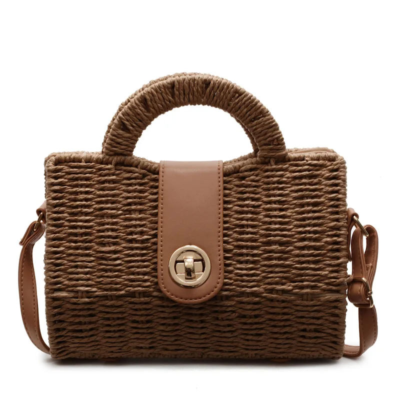 2025 Women Leisure Rattan Tote Box Lady Handbag Trendy Weaving Crossbody Bag Retro Straw Summer Beach Bag Messenger Bag