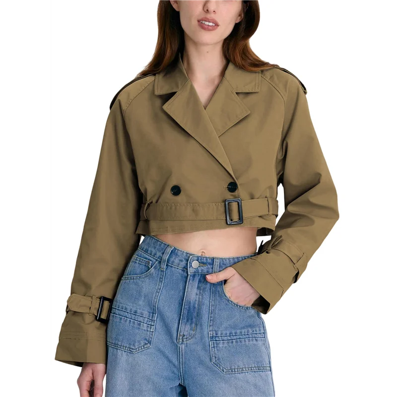 

ABAE-Womens Cropped Bike Jacket Casual Double Breasted Trench Coat With Belt