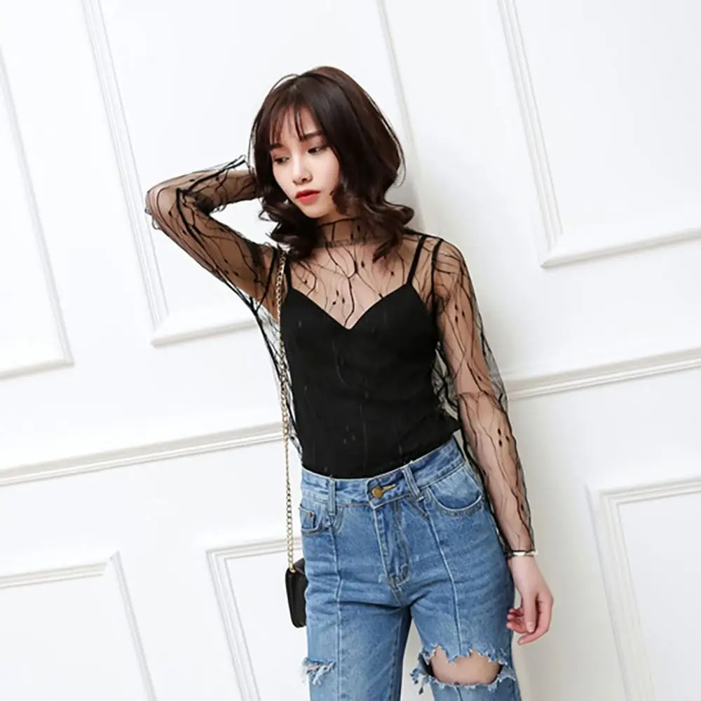 New Black T-Shirt Tops Mesh See-through Mesh Sheer Long Sleeve Long Sleeve See Through Blouse