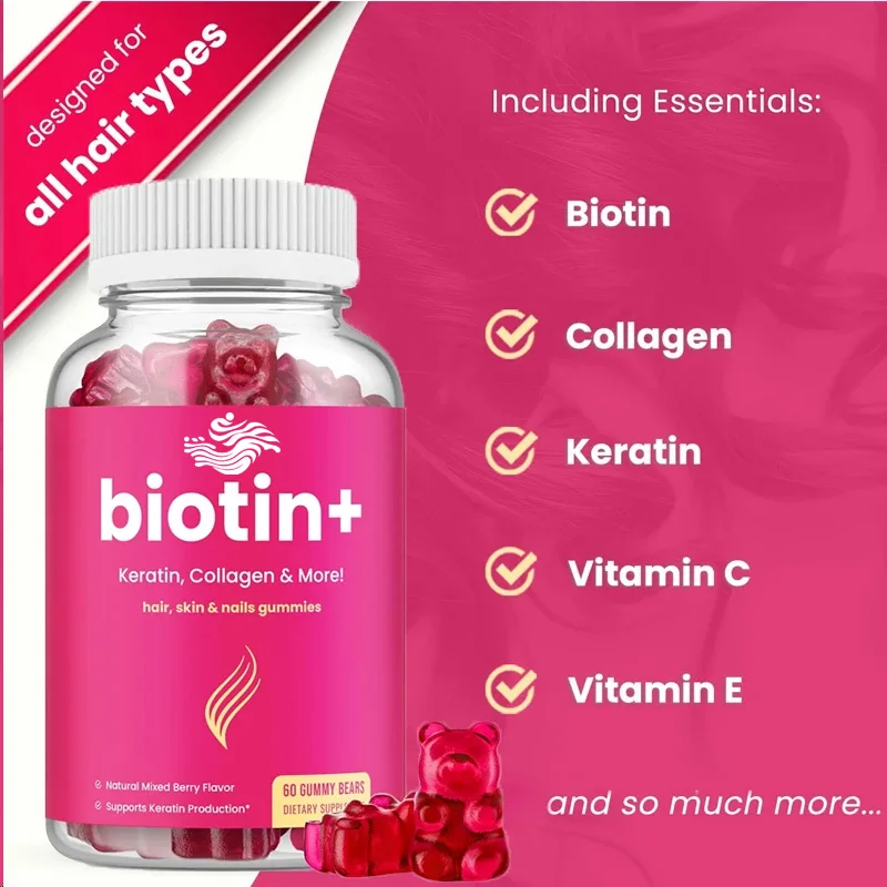 Rambut, kulit, dan kuku Gummies kolagen dan Keratin Biotin 5000mcg Biotin Beauty Complex,60 Kapsul cocok untuk pria dan wanita