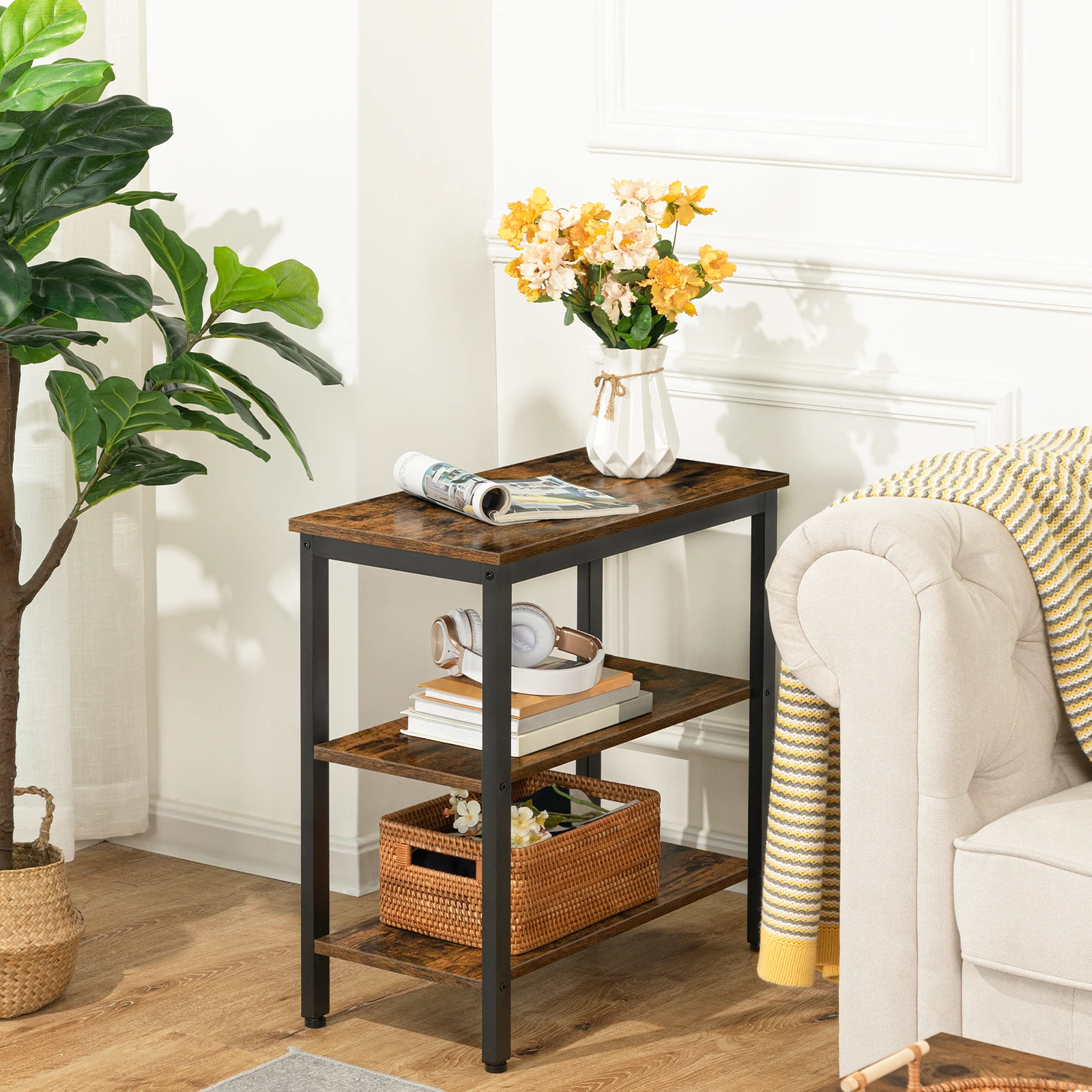 End Table, Simple Rustic Side Table with 3-Tier Storage Shelf, Narrow Nightstand coffee table for Living Room