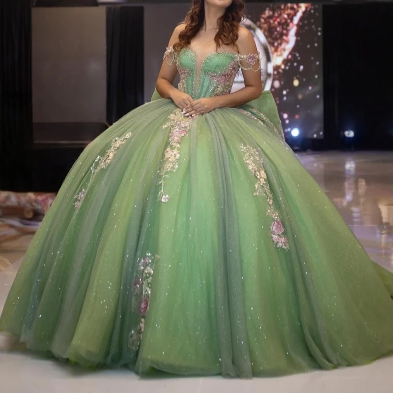 

Блестящие платья Quinceanera цвета шалфея с открытыми плечами и блестками, аппликация, кружевные бусины, тюлевое платье для вечеринки, дня рождения, сладкое платье 16, Vestidos 15