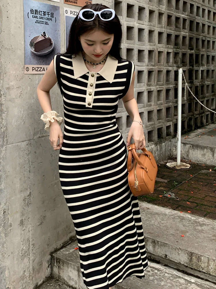 Women Stripe Knitted Dress 2024 Summer Elegant Fashion Lady Turn Down Collar Sleeveless Elastic Waist Bodycon Party Dress Female