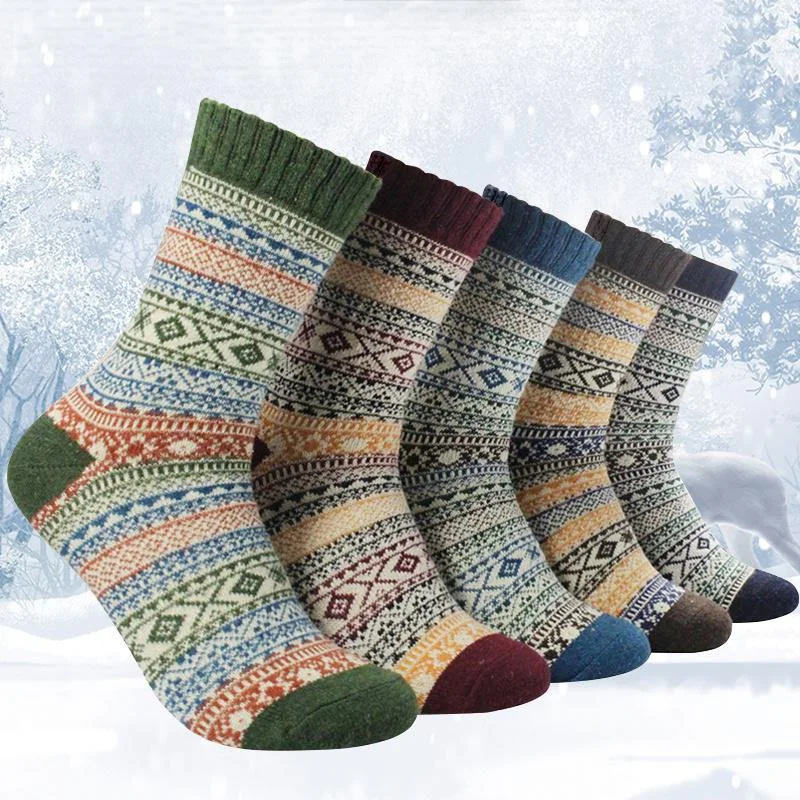 

5 Pairs Mens Wool Socks Thick Thermal Hiking Winter Warm Soft Cozy Socks Thermal Stripe Wool Crew Socks for Cold Weather Ski