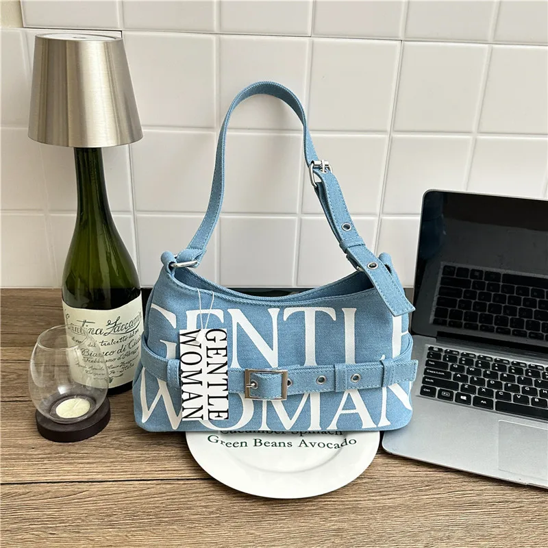 

Gentlewoman Colorful Letters Denim Shoulder Bag New Crescent Underarm Crossbody Bag Fashionable and Versatile Commuting Bag