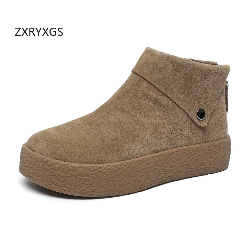 ZXRYXGS Promotion 2024 Premium Frosted Cowhide Full Real Leather Boots Women Sneakers Platform Increase Shoes Roman Short Boots