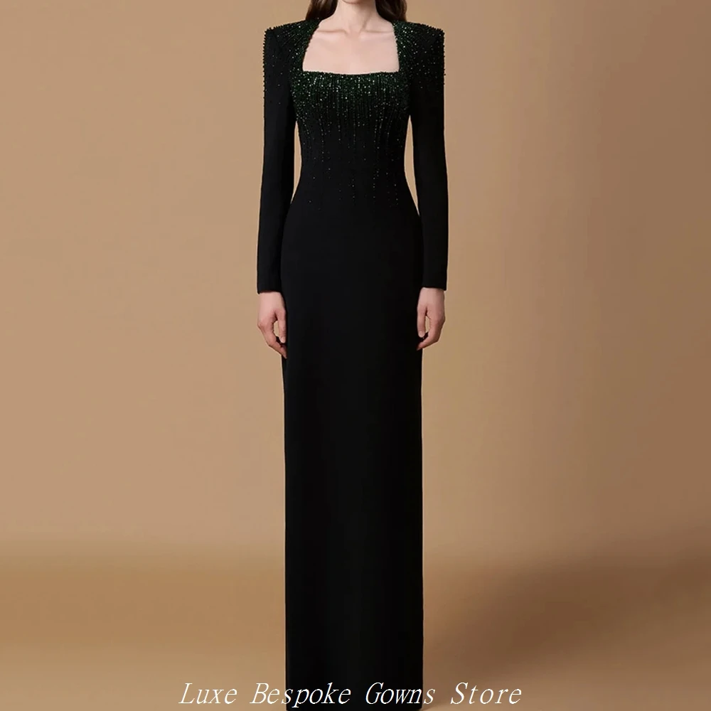 

Women's Formal Evening Gowns Straight Floor-length Square Collar Full Sleeve Prom Dresses Fashion Crystal Customized Gowns