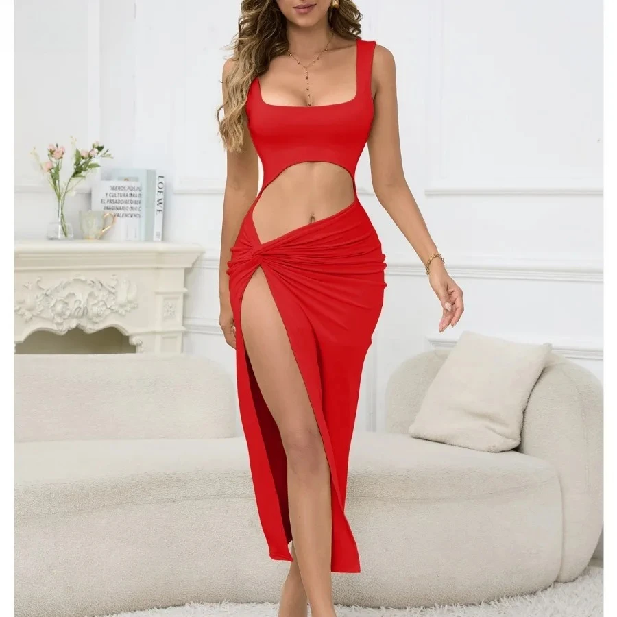 2026 Zomer Vrouwen Sexy Mouwloze Hollow Out Maxi Jurken Side High Split Slanke Open Navel Jurk Beach Party Casual Hot Girl Wear