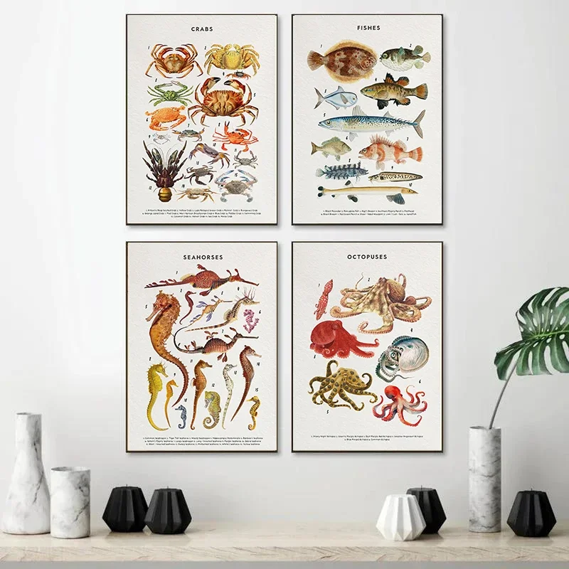 Multiple sizes 1pc frameless Canvas Painting,Marine Life Ocean Animals Whale and Shark Seashells Turtles Octopus Fish Poster Can
