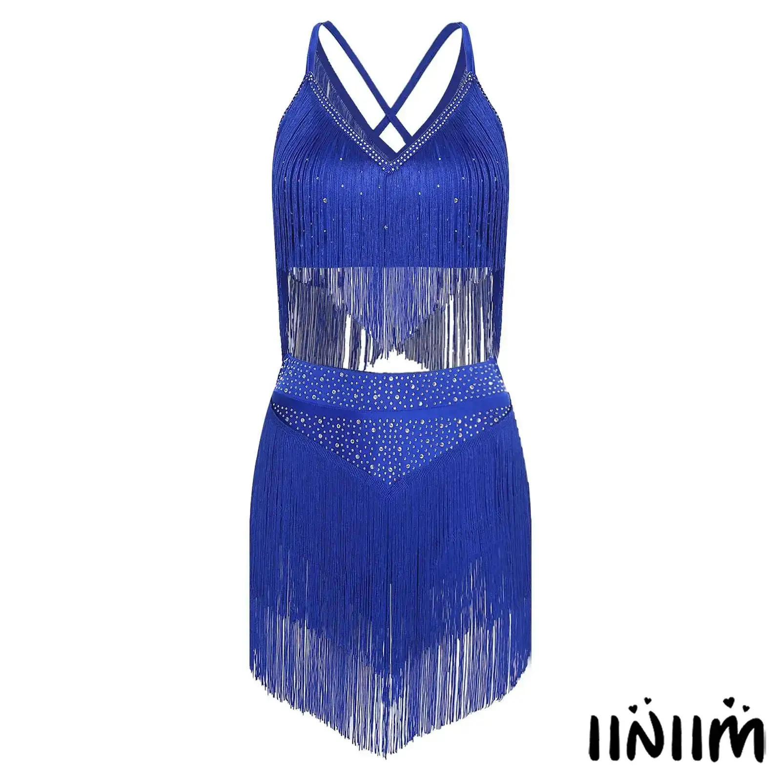 

Women Latin Dance Costume Set Crop Top Rhinestones Crisscross Back Fringe with Tiered Tassels Skirt Salsa Competitions Wear