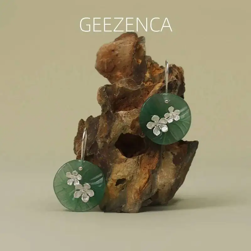 

GEEZENCA авантюрин, зеленый камень, лист лотоса, серебро 925, массивные серьги с цветком персика, женские изящные модные висячие серьги
