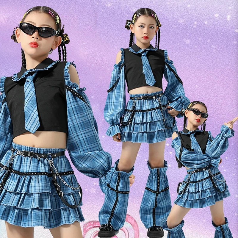 Blue Plaids Jazz Dance Costume Off-Shoulder Tops Skirt Cheerleading Uniform Fashion Festival Party Outfit Kpop Clothing DL11339