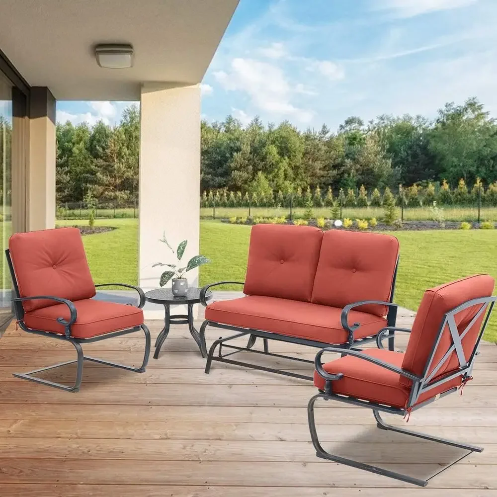 4-Piece Red Outdoor Wrought Iron Patio Furniture Set with Glider Loveseat, 2 Spring Chairs, and Coffee Table
