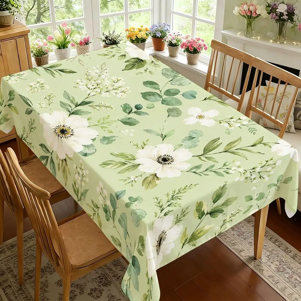 Botanical Print Rectangular Tablecloth, Sage Green Floral Table Cover with White Blossoms And Leaves, Durable Polyester Fabric, Elegant Dining Decor for Farmhouse Kitchen, Wedding, Spring And Summer Party, Easy Care Table S