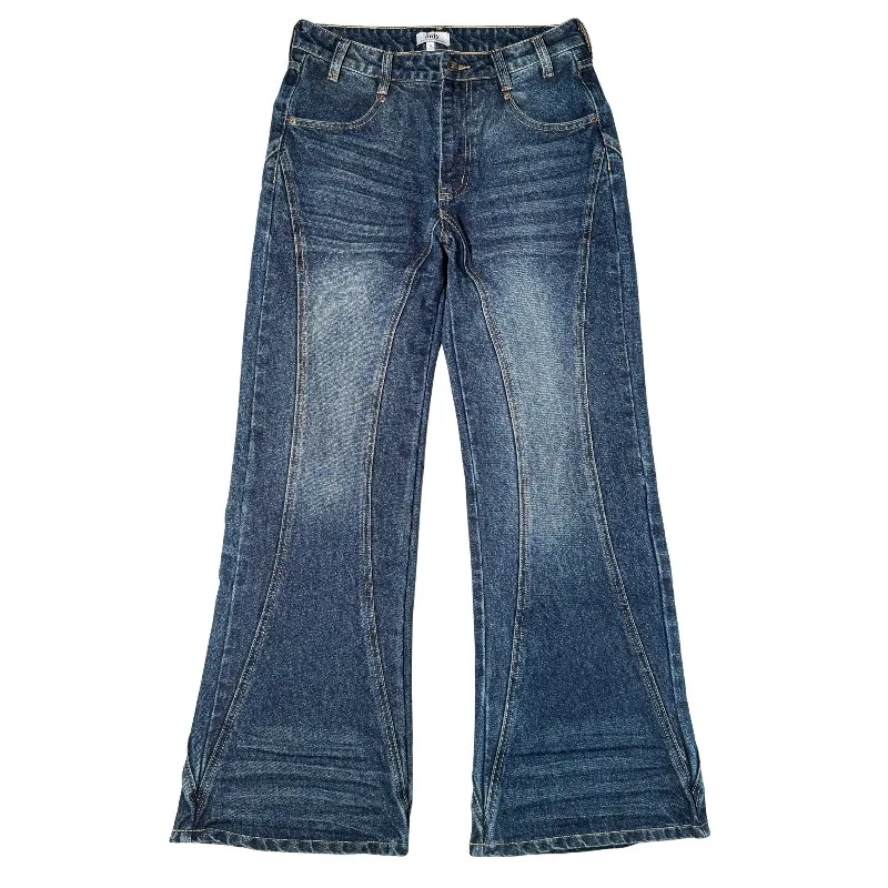 Retro Washed Flare Jeans Y2K Trendy Streetwear Panel Stitching Pocket Embroidered Bootcut Jeans Unisex Wide Leg Denim Trousers
