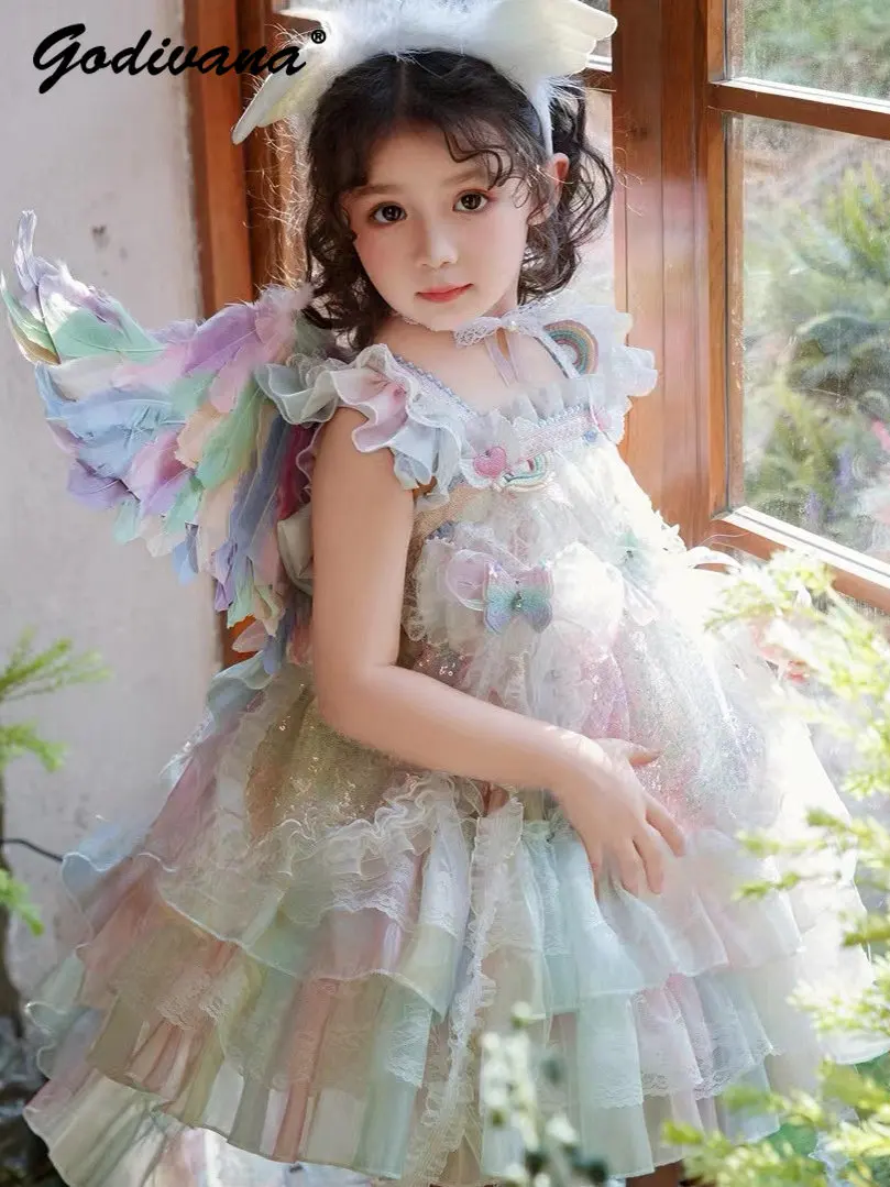 Sweet Baby Girls Dopamine Cosplay Princess Lolita Dress 2026 Summer New Kids Tulle Birthday Party Ball Gown with Mermaid Wings