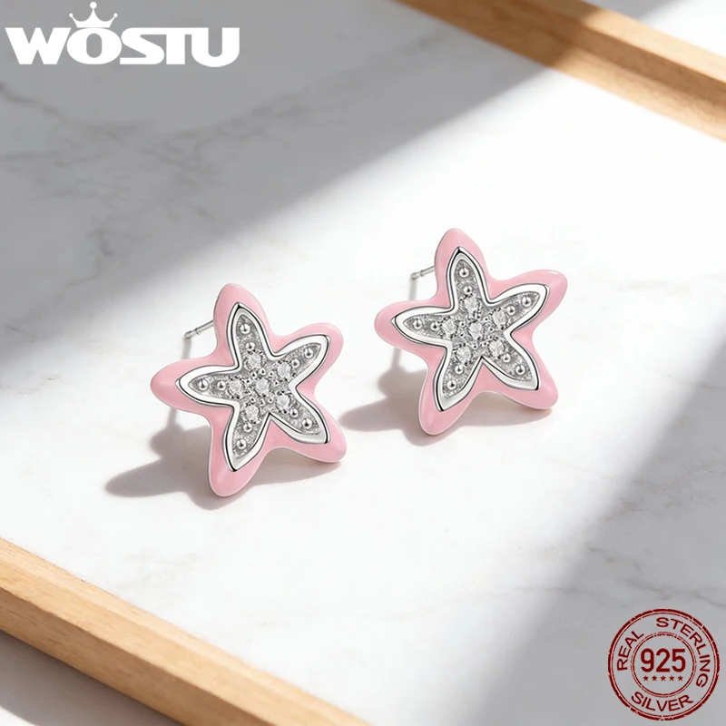 

Серьги-гвоздики WOSTU из стерлингового серебра 925 пробы с розовой эмалью и цветочной звездой, серьги-гвоздики с блестящим цирконом AAA, розовая морская звезда, милый подарок для девочки