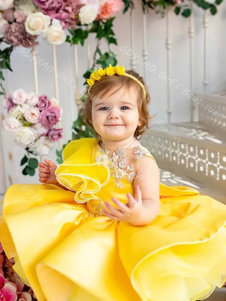 맞춤형 유아용 노란색 공주 드레스 러플 새틴 플라워 걸 드레스 웨딩 무릎 길이 어린이 생일 파티 볼 가운