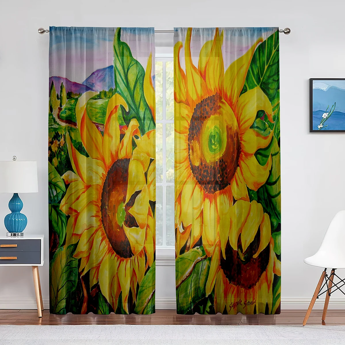 

Sunflower Sheer Voile Curtain Oil Painting Art Theme Printed Chiffon Tulle Curtains for Living Room Bedroom Kitchen Decoration