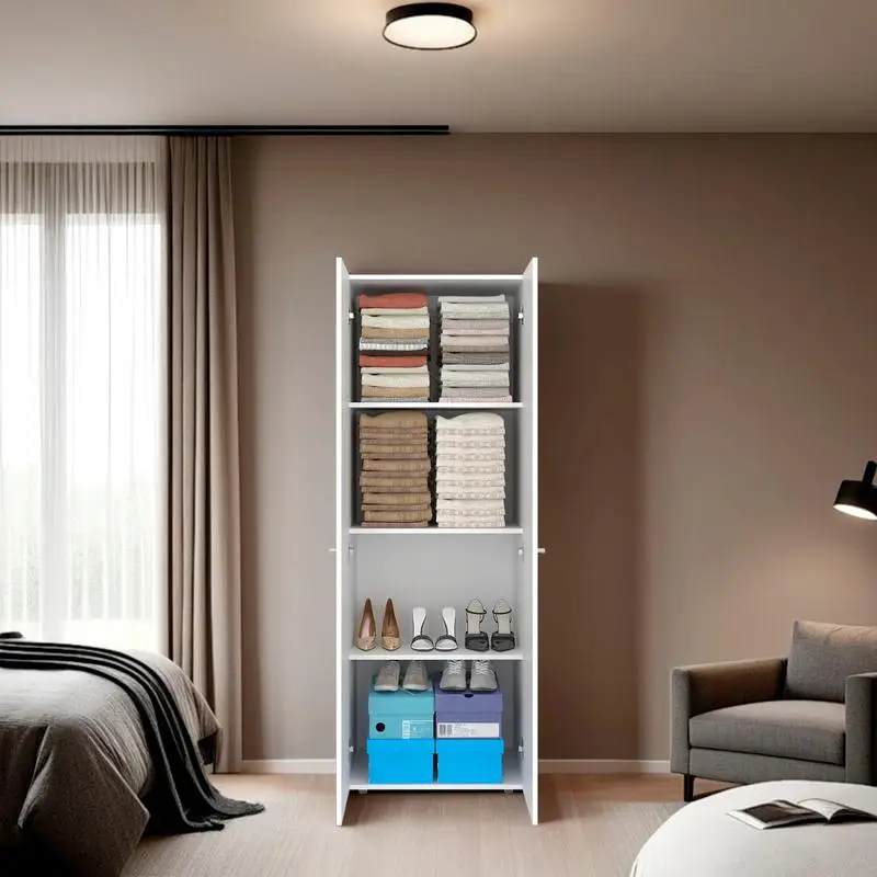 Armoire penderie blanche à 2 portes avec 4 étagères et solution de rangement verticale