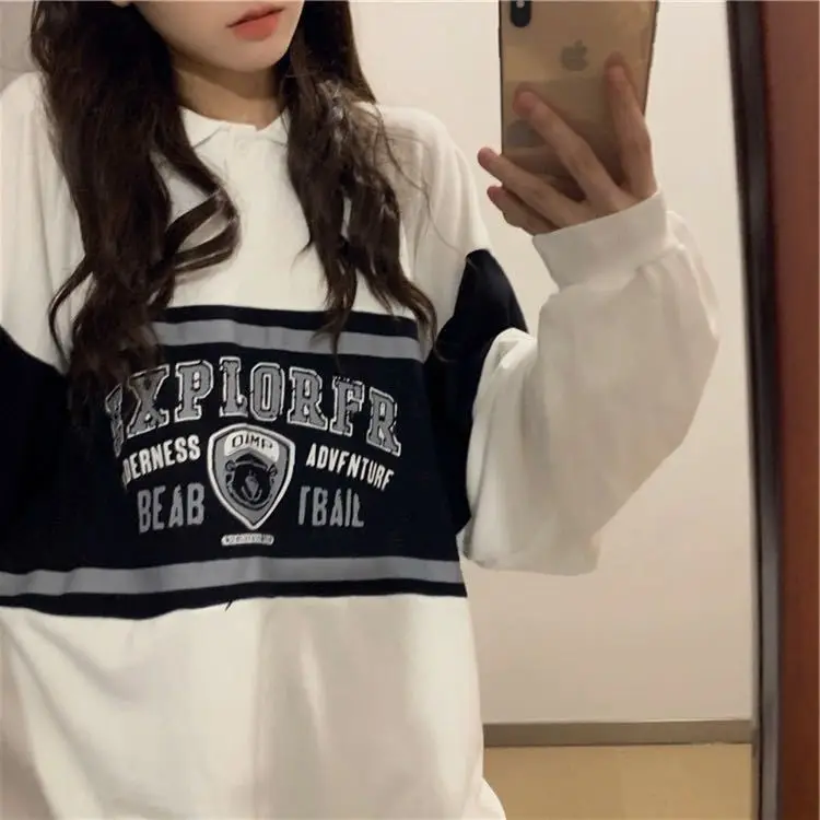 Polo-neck Letter Print Sweatshirt Ladies Loose Casual Streetwear Long Sleeve Fashion All-match Pullover Top Women Spring Autumn