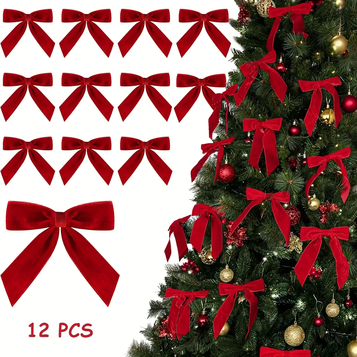 12 Christmas Ornaments - Medium Red Velvet Bows Measuring for Decorating Christmas Trees - Burgundy Ribbon Decorations for Home