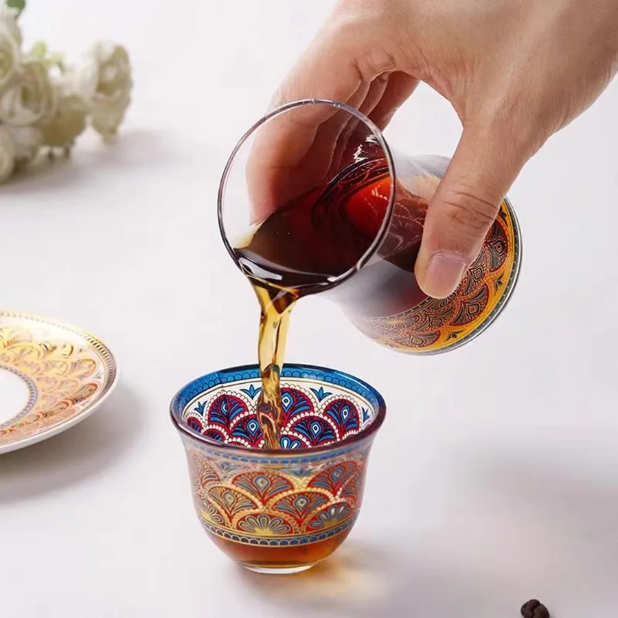 High-Grade Turkish style  Red Gold heat-resistant glass coffee cup tea cup set with Saucers Spoon Drinkware Set Gift Packing