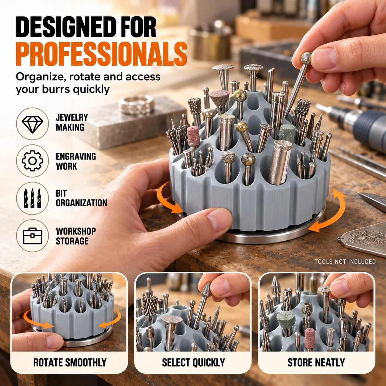 360 Degree Rotating Drill Bit Storage Box - Professional Engraving Burr Organizer Rotary Tool Case for Jewelry Making Workshop