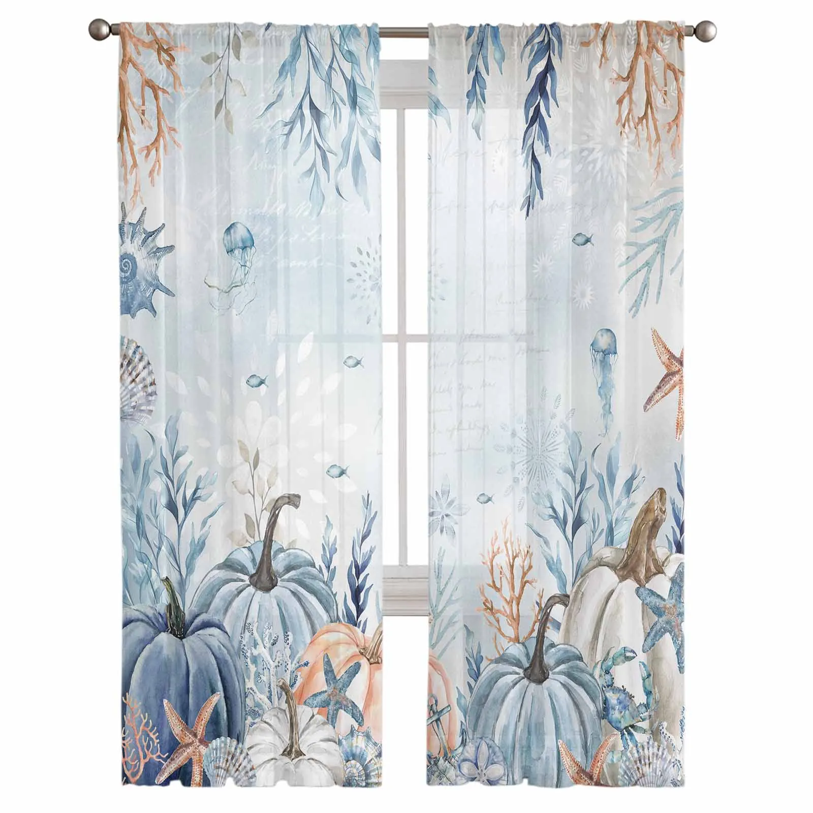 Autumn Pumpkin Starfish Shell Coral Letter Booth Tulle Curtains For Living Room Chiffon Voile Sheer Window Curtain For Bedroom