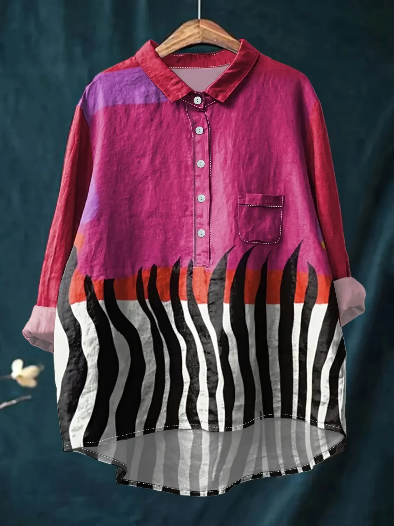 قميص نسائي كاجوال فضفاض من Passionate Rose بأزرار مطبوعة على شكل زهرة - قميص عادي