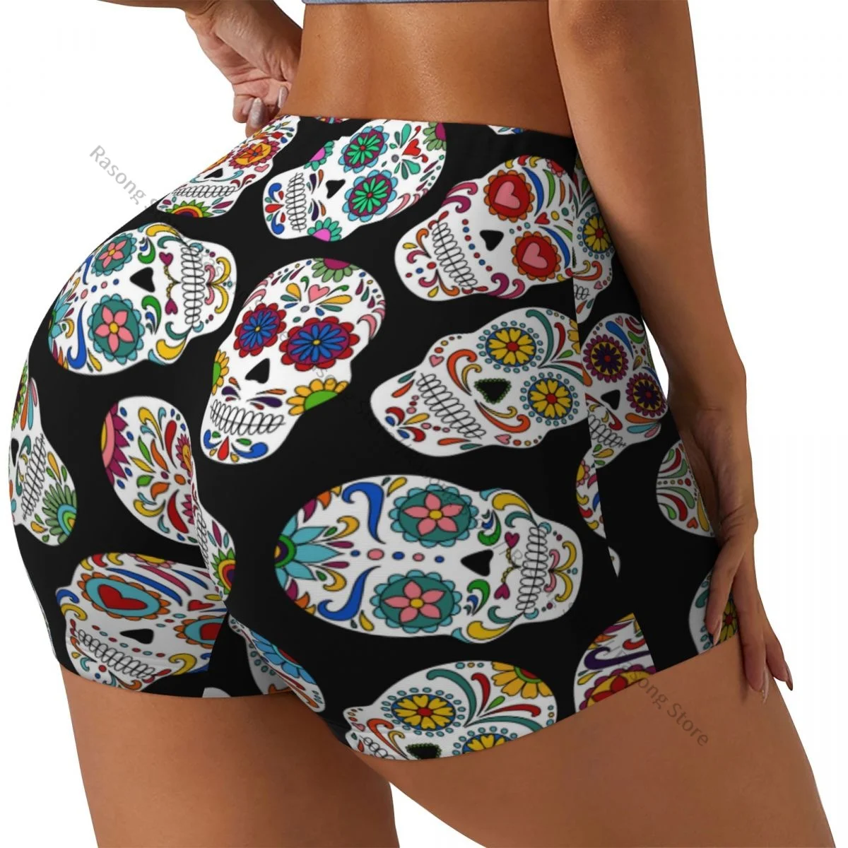 Women's Yoga Shorts Day Of The Dead Sugar Skull Scrunch Booty Butt Lifting Comfort Fitness Gym