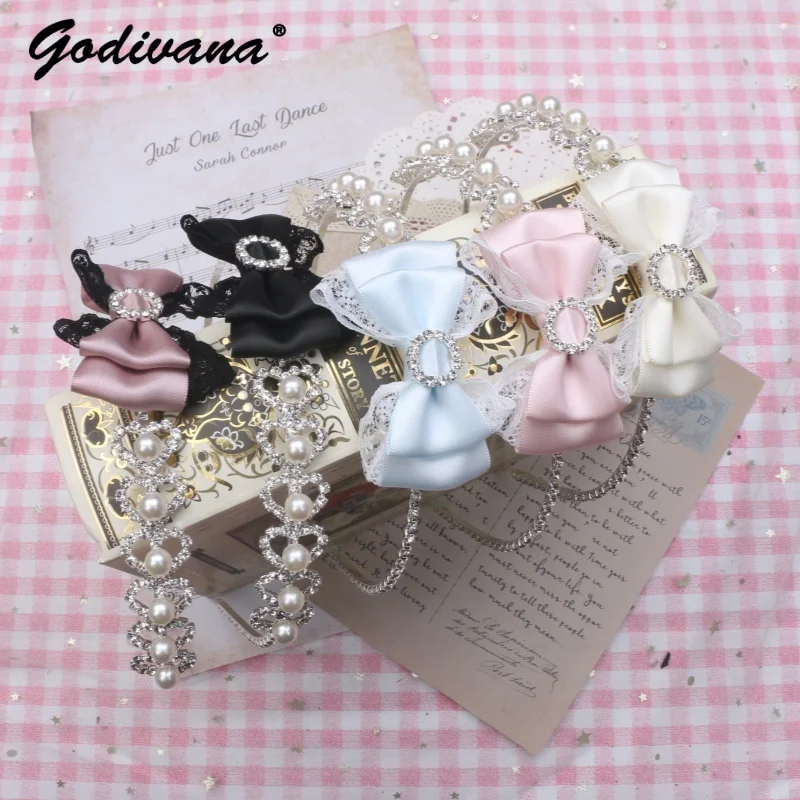 Handmade Sweet Mine Heart Shape Rhinestone Lace Bow Pearl Headband Japanese Style Girls Hair Accessories Hairband for Women