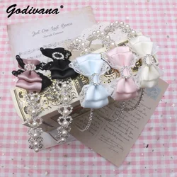 Handmade Sweet Mine Heart Shape Rhinestone Lace Bow Pearl Headband Japanese Style Girls Hair Accessories Hairband for Women