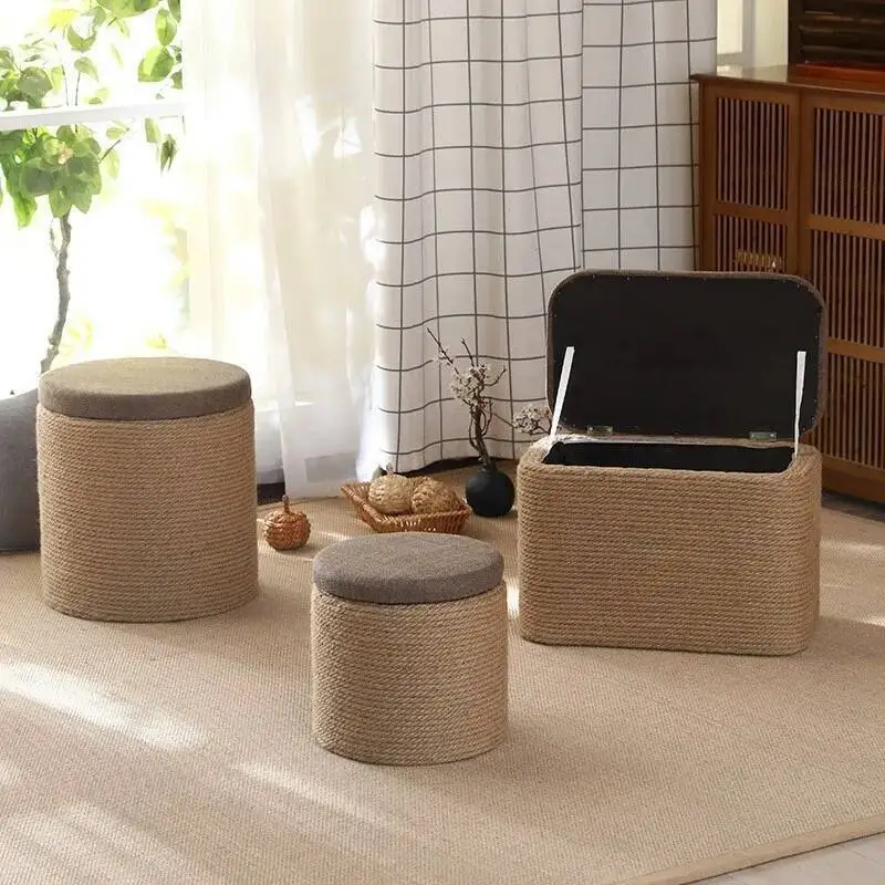 Solid Living Room Wood Home Shoe Stool Changing Stool Storage Hemp Rope Footrest Sofa Square Sitting Box Organizing Storage Box