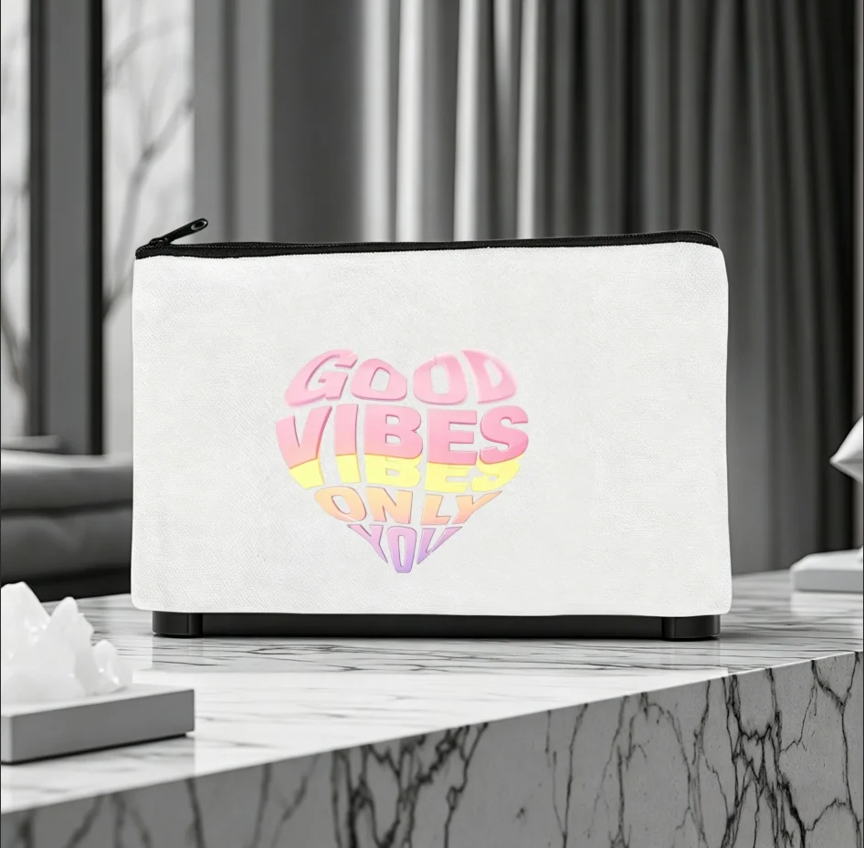 1PC Pink Yellow Purple Gradient Heart Good Vibes Only Canvas Cosmetic Pouch Lightweight Travel Skincare Storage Zipper Bag