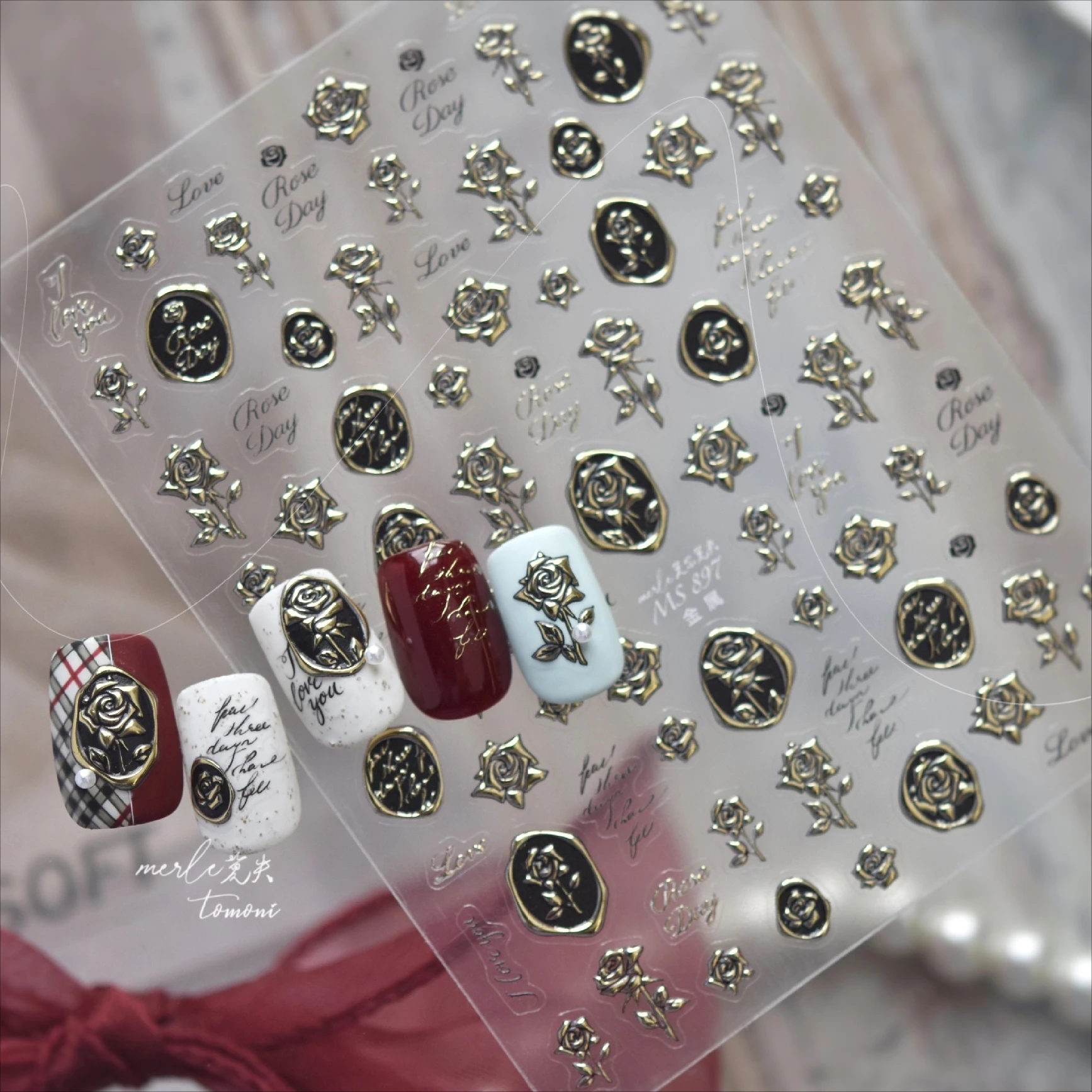 

Luxury Gold Rose Colorful Flower Branch Classical Gradient Petal Rosa Chinensis Metal Nail Art Sticker Decoration Manicure Decal