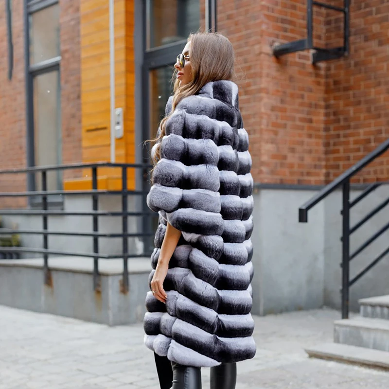 Mid-length Genuine Rex Rabbit Fur Coat Women Autumn Thicken Luxury Half Sleeve Outertwear Strip Sewed Real Fur Jacket Female