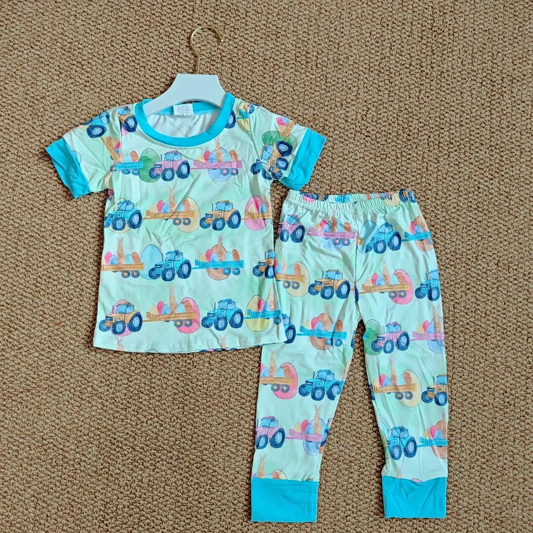 

9.16 Wholesale Summer Western Boutique children clothing Baby Boys Easter Tractor Eggs Shirts Pants Pajamas Clothes Sets