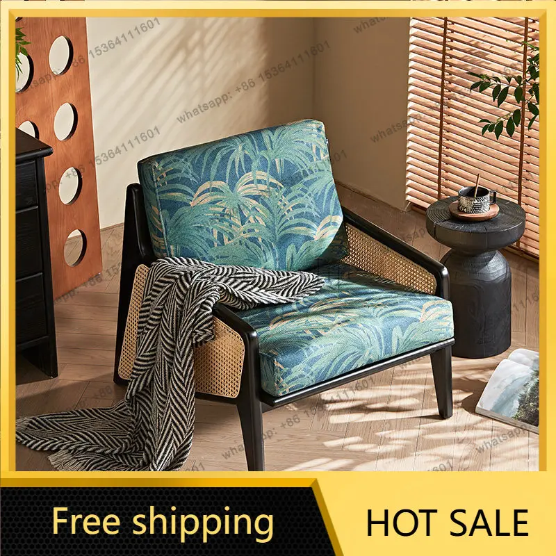 LD rattan Japanese ash wood solid wood wabi-sabi wind rope braided balcony sofa chair