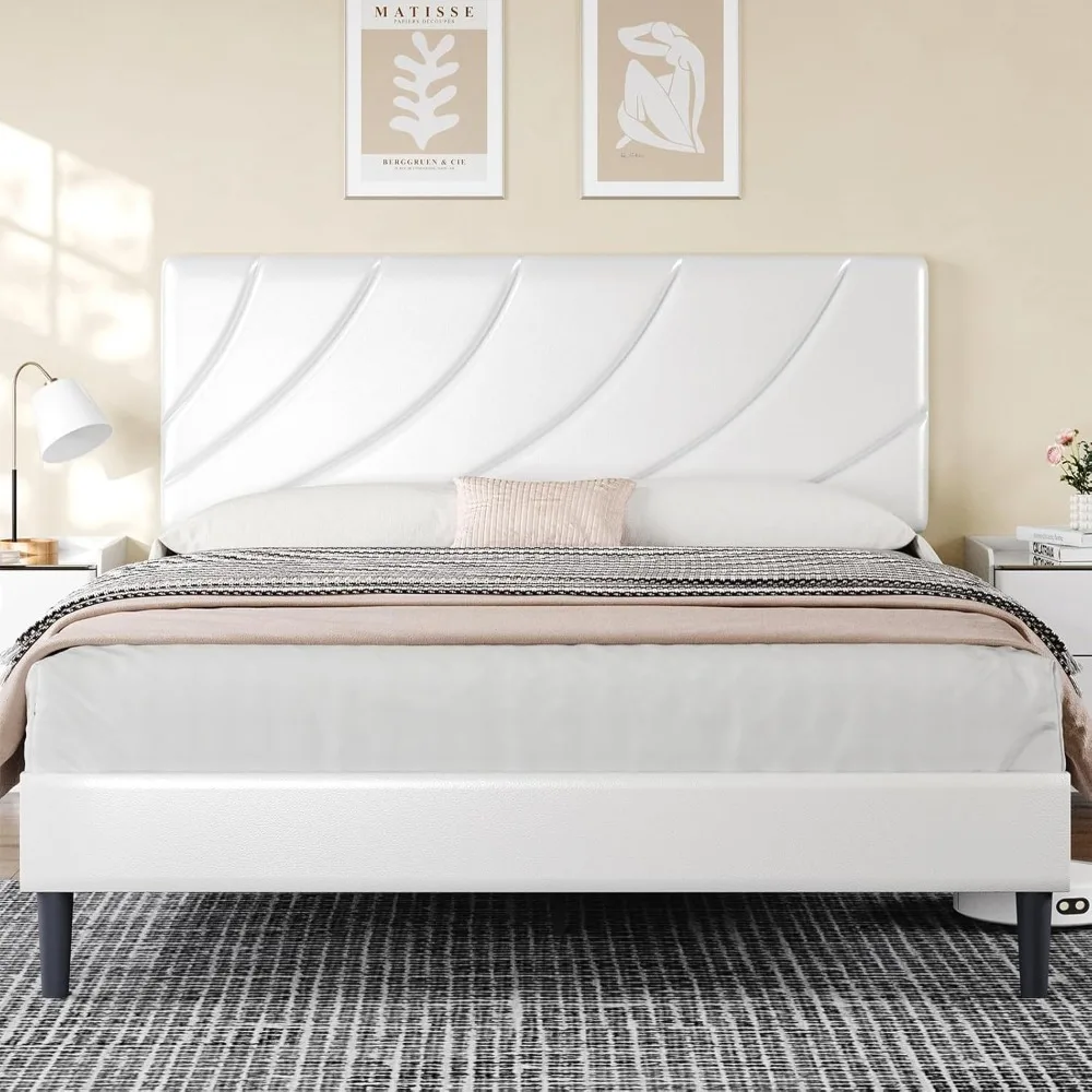 هيكل سرير، إطار سرير منجد، سرير بمنصة منجدة من الجلد الصناعي مع لوح رأسي، خشبي قوي